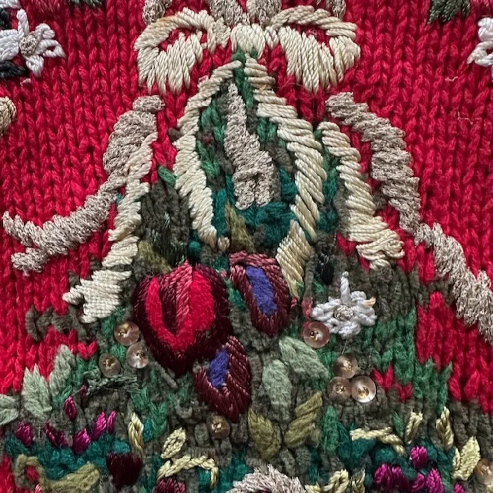Red Christmas Tree Sweater Tunic, Embroidered, Tiara International Size L - Picture 12 of 13